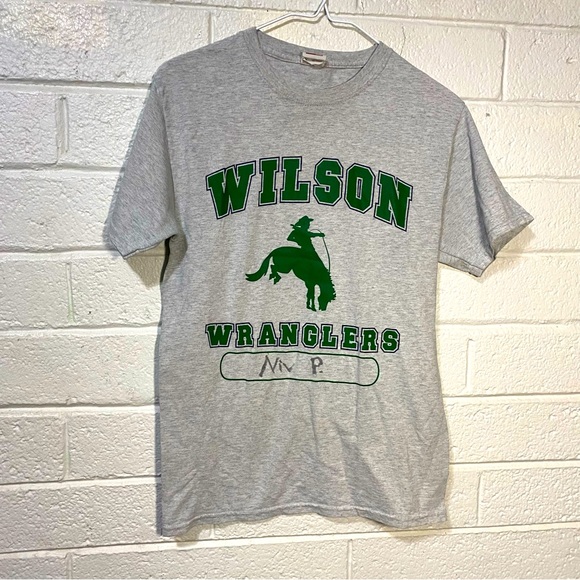 Vintage T Shirt School Wilson Wrangler Cowboy Heather Gray Gym Muscle Niv Green - Picture 1 of 6